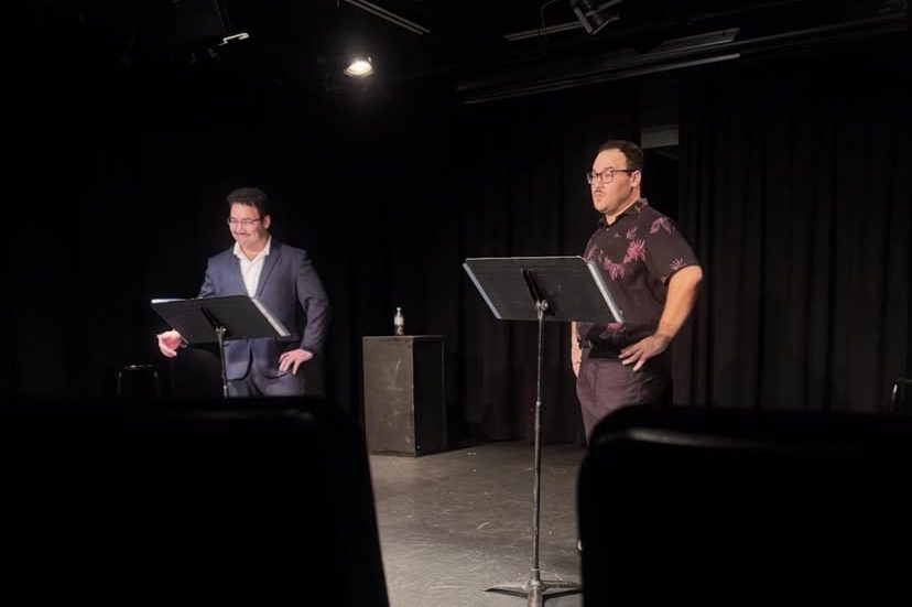 Jonathan and David performing a workshop reading of Untitled Solo Show Starring Twins